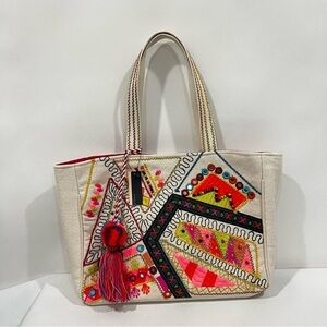 Heavy Canva Tote Embroidered Cream Bag Pom Pom Lined Aztec Print Multicolored